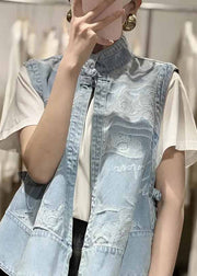 Chinese Style Blue Stand Collar Print Patchwork Low High Design Denim Waistcoat Summer