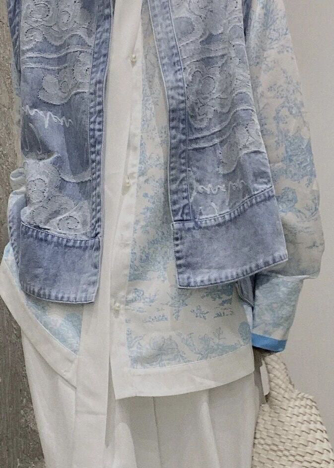 Chinese Style Blue Stand Collar Print Patchwork Low High Design Denim Waistcoat Summer