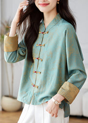 Chinese Style Blue Stand Collar Print Silk Coats Spring