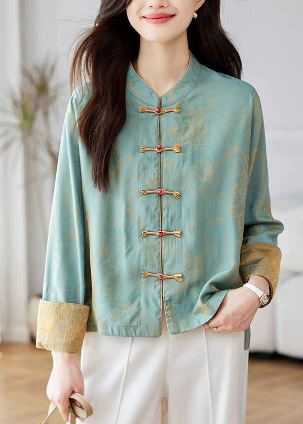 Chinese Style Blue Stand Collar Print Silk Coats Spring