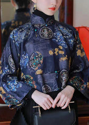 Chinese Style Blue Stand Collar Print Silk Shirts Spring