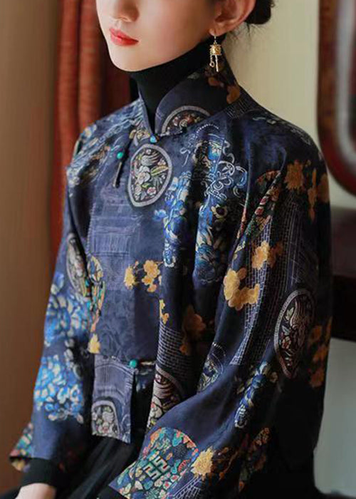 Chinese Style Blue Stand Collar Print Silk Shirts Spring