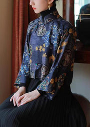 Chinese Style Blue Stand Collar Print Silk Shirts Spring