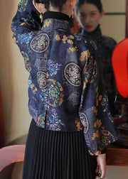 Chinese Style Blue Stand Collar Print Silk Shirts Spring