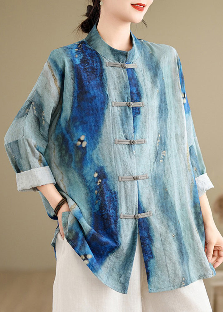 Chinese Style Blue Stand Collar Tie Dye Shirt Long Sleeve