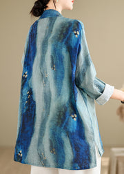 Chinese Style Blue Stand Collar Tie Dye Shirt Long Sleeve