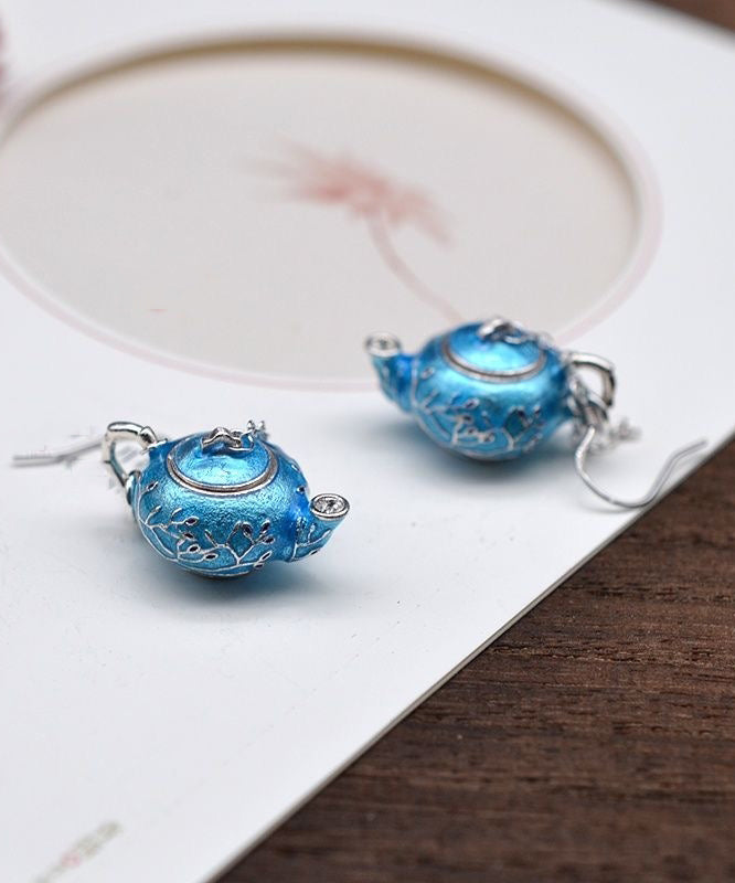 Chinese Style Blue Sterling Silver Cloisonne Plum Blossom Teapot Hoop Earrings