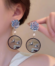 Chinese Style Blue Sterling Silver Floral Pearl Crowned Crane Drop Earrings