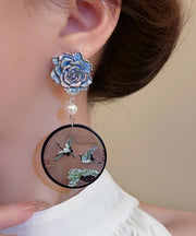 Chinese Style Blue Sterling Silver Floral Pearl Crowned Crane Drop Earrings