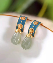 Chinese Style Blue Sterling Silver Overgild Inlaid Jade Floral Hoop Earrings