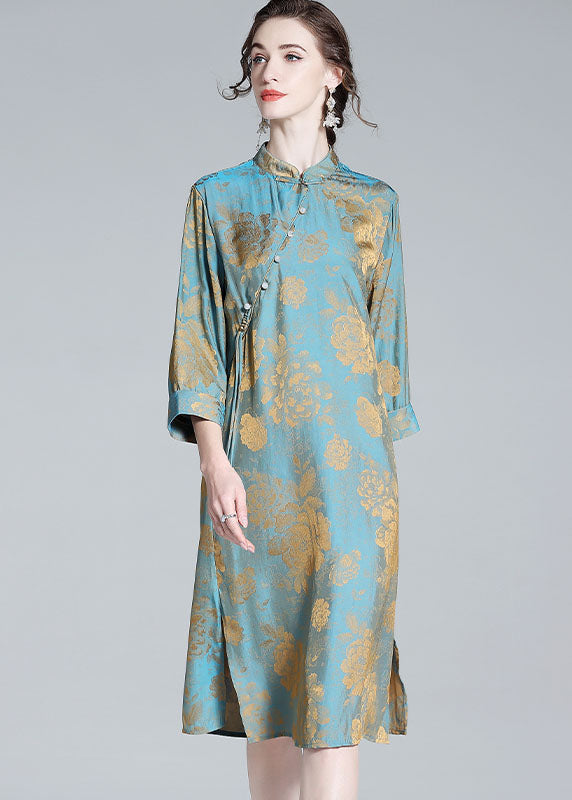 Chinese Style Blue Tasseled Patchwork Jacquard Silk Dresses Spring