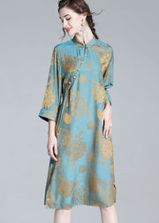 Chinese Style Blue Tasseled Patchwork Jacquard Silk Dresses Spring