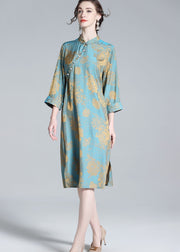 Chinese Style Blue Tasseled Patchwork Jacquard Silk Dresses Spring