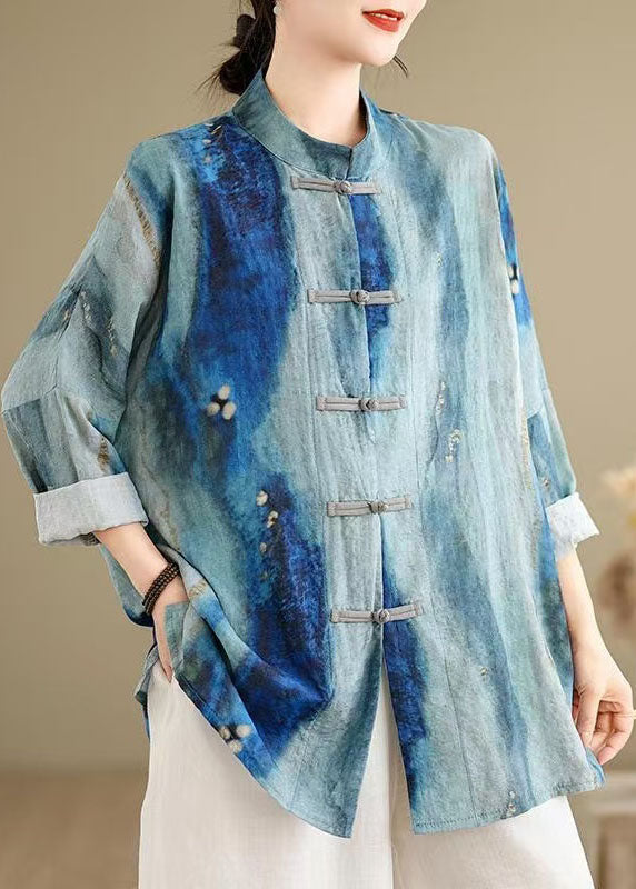 Chinese Style Blue Tie Dye Oriental Button Cotton Shirts Spring