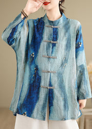 Chinese Style Blue Tie Dye Oriental Button Cotton Shirts Spring