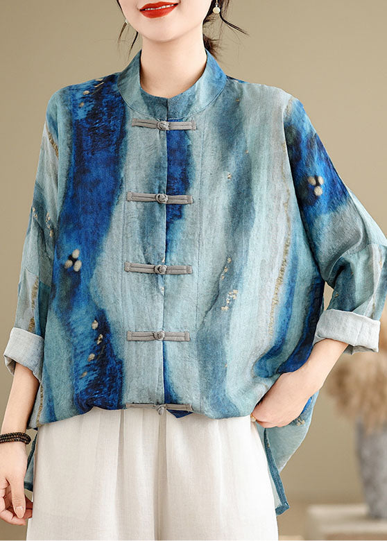 Chinese Style Blue Tie Dye Oriental Button Cotton Shirts Spring