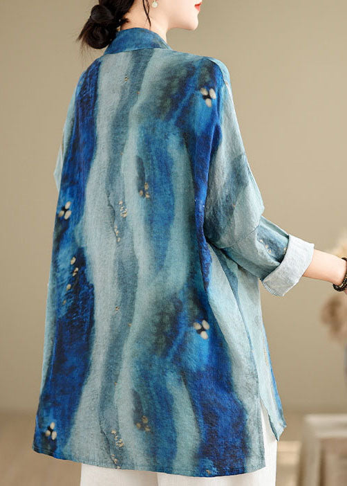 Chinese Style Blue Tie Dye Oriental Button Cotton Shirts Spring