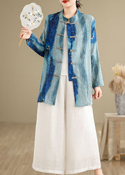 Chinese Style Blue Tie Dye Oriental Button Cotton Shirts Spring