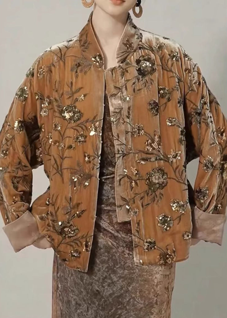 Chinese Style Brown Embroidered Sequins Silk Velour Coat Spring