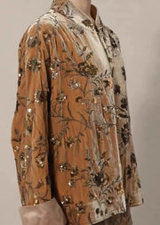 Chinese Style Brown Embroidered Sequins Silk Velour Coat Spring