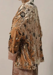 Chinese Style Brown Embroidered Sequins Silk Velour Coat Spring