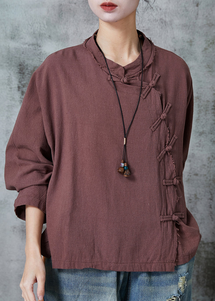 Chinese Style Brown Oversized Linen Shirt Top Spring