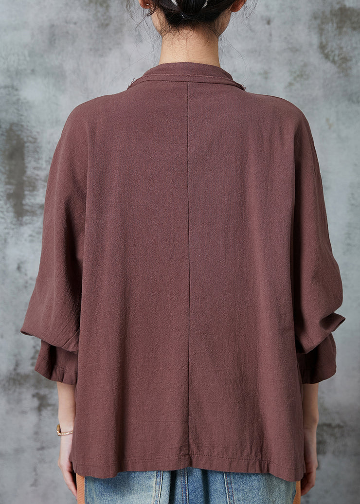 Chinese Style Brown Oversized Linen Shirt Top Spring