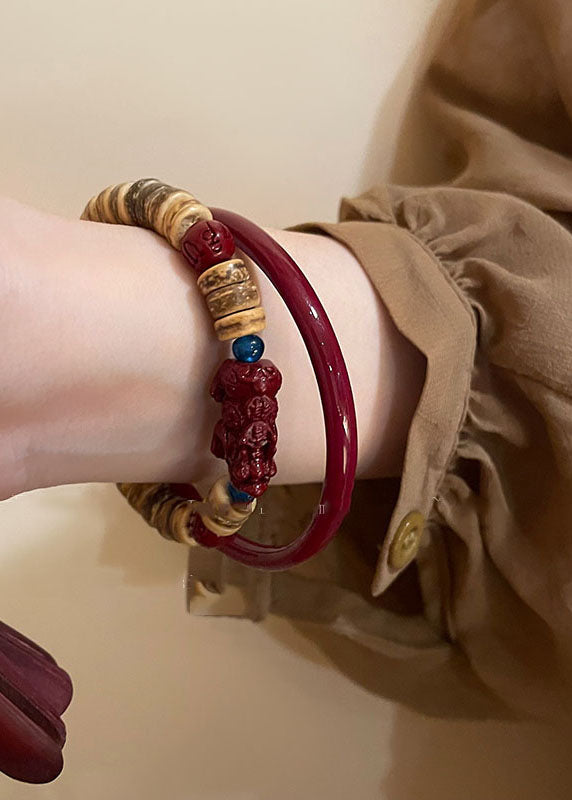 Chinese Style Cinnabar Glass Coconut Shell Beads Bangle