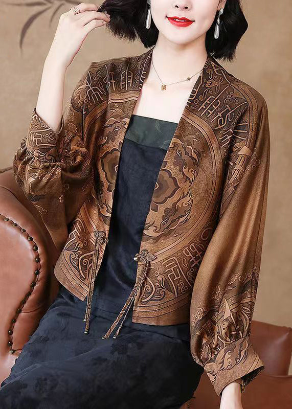 Chinese Style Coffee Tasseled Print Patchwork Silk Coats Batwing Sleeve