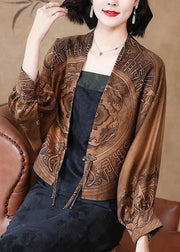 Chinese Style Coffee Tasseled Print Patchwork Silk Coats Batwing Sleeve