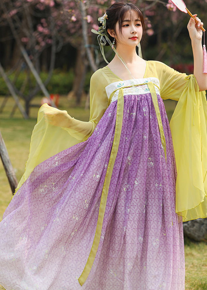 Chinese Style Colorblock Embroideried Lace Up Patchwork Chiffon Long Dresses Summer