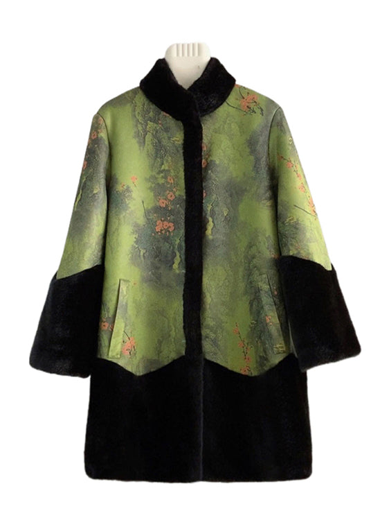 Chinese Style Colorblock Stand Collar Patchwork Mink Velvet Coat Winter