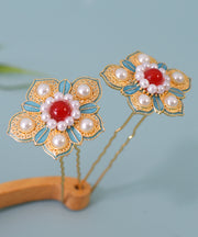 Chinese Style Colorblock Sterling Silver Overgild Pearl Enamel Floral Hairpin