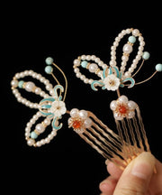 Chinese Style Colorblock Sterling Silver Overgild Pearl Enamel Hollow Out Hairpin