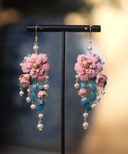 Chinese Style Colorblock Sterling Silver Overgild Peony Pearl Drop Earrings