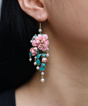 Chinese Style Colorblock Sterling Silver Overgild Peony Pearl Drop Earrings