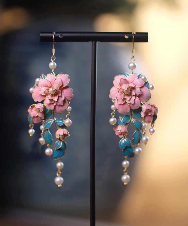 Chinese Style Colorblock Sterling Silver Overgild Peony Pearl Drop Earrings