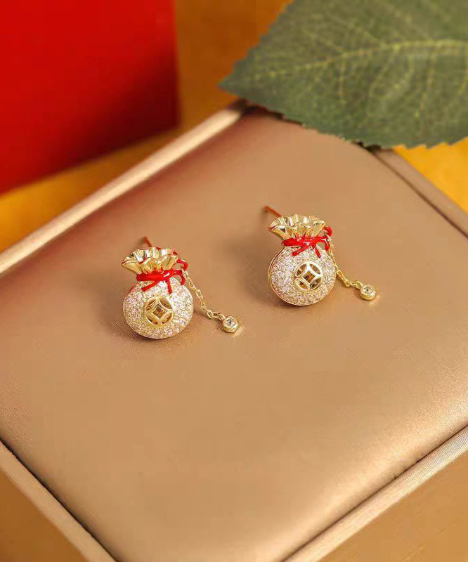 Chinese Style Copper 14K Gold Zircon Blessing Bag Tassel Stud Earrings