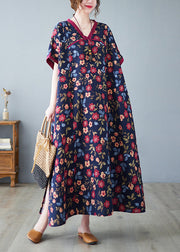 Chinese Style Dark Blue V Neck Print Patchwork Long Dresses Short Sleeve