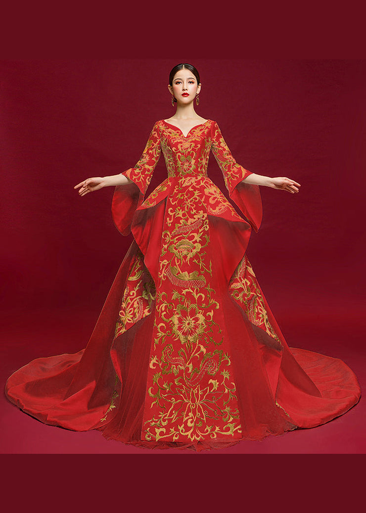 Chinese Style Embroidered Cheongsam Red Tail Evening Dress