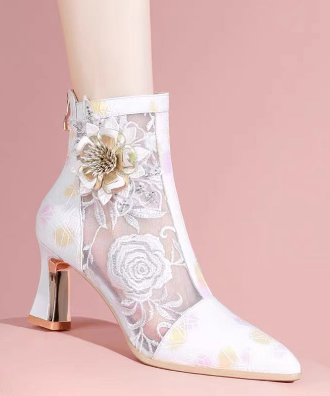 Chinese Style Embroidered Mesh Patchwork Chunky Heel Boots