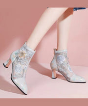 Chinese Style Embroidered Mesh Patchwork Chunky Heel Boots