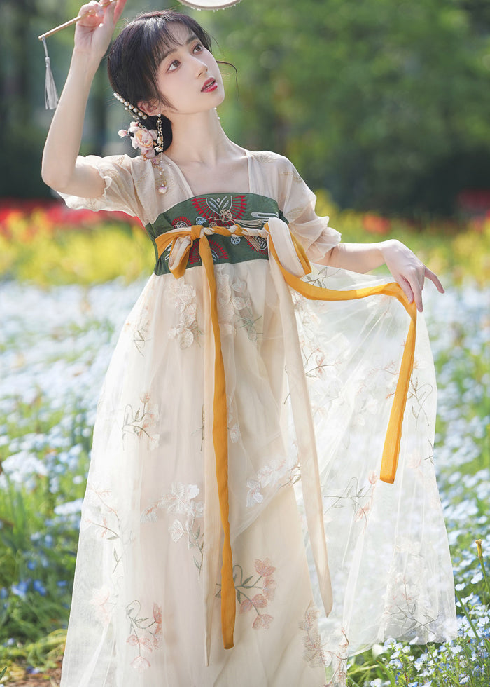 Chinese Style Embroideried Lace Up Patchwork Chiffon Long Dresses Summer