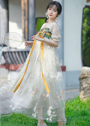 Chinese Style Embroideried Lace Up Patchwork Chiffon Long Dresses Summer