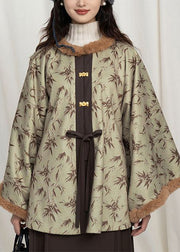 Chinese Style Fur Collar Print Patchwork Silk Coat Spring