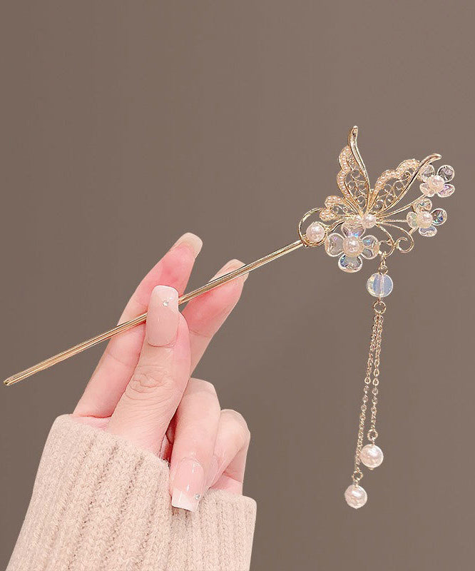 Chinese Style Gold Alloy Pearl Crystal Butterfly Tassel Hairpin