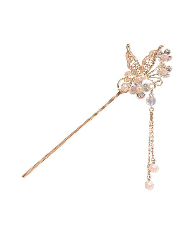 Chinese Style Gold Alloy Pearl Crystal Butterfly Tassel Hairpin