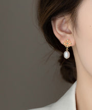 Chinese Style Gold Asymmetr Copper Alloy Zircon Pearl Hollow Out Stud Earrings