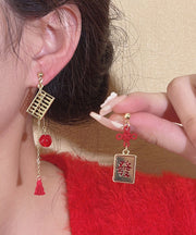 Chinese Style Gold Sterling Silver Alloy Asymmetric Abacus Chinese Knot Tassel Drop Earrings