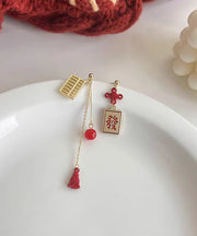 Chinese Style Gold Sterling Silver Alloy Asymmetric Abacus Chinese Knot Tassel Drop Earrings